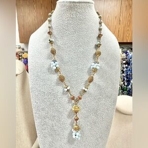 Antique Art Deco Gold Tone Lariat With Blue Glass Cluster Beaded Necklace